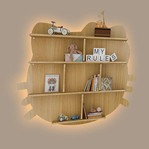 Cat Shape Backlit Designer Wooden Wall Shelf / Book Shelf / Night Light, Oak Finish - Decor Mantra 