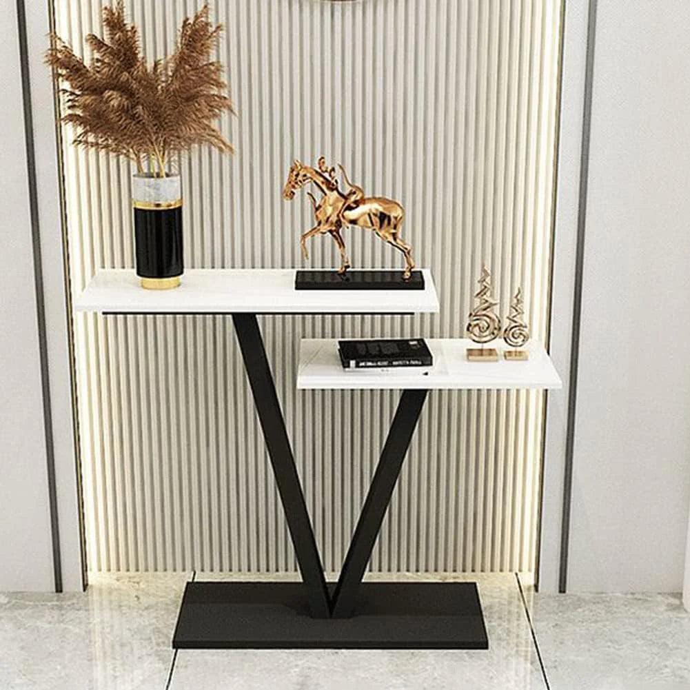 Contemporary 2 Tier White Marble Black Console Table - Decor Mantra 