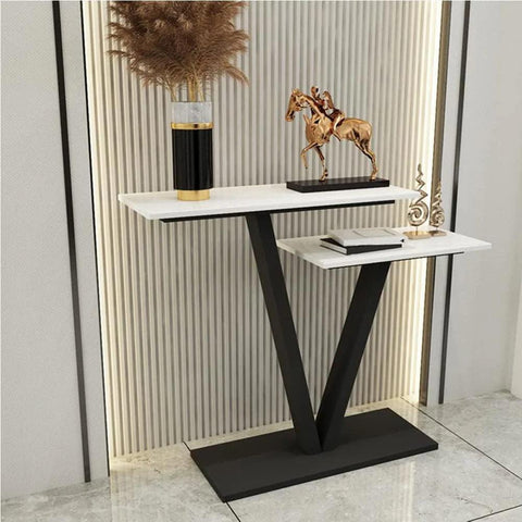 Contemporary 2 Tier White Marble Black Console Table - Decor Mantra 