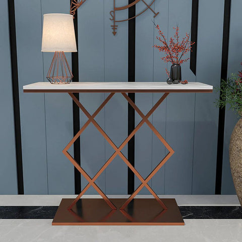 Copper Finish Console Table In Geometric Criss Cross Pattern - Decor Mantra 