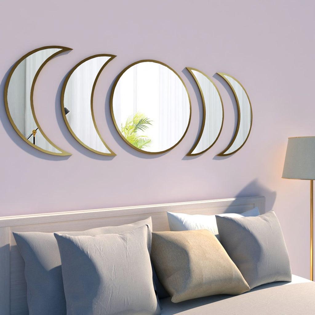 Cycle of Moon Designer Mirrors Set of Five in Golden Finish Frame - Decor Mantra 
