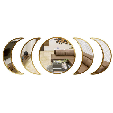 Cycle of Moon Designer Mirrors Set of Five in Golden Finish Frame - Decor Mantra 
