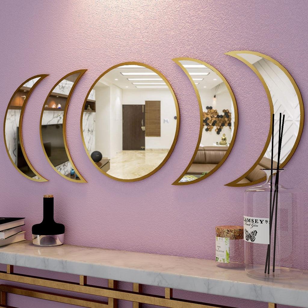 Cycle of Moon Designer Mirrors Set of Five in Golden Finish Frame - Decor Mantra 