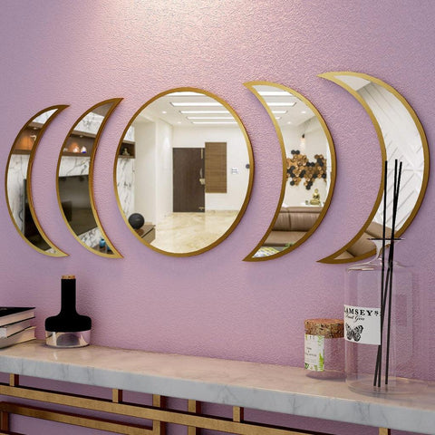 Cycle of Moon Designer Mirrors Set of Five in Golden Finish Frame - Decor Mantra 