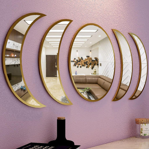 Cycle of Moon Designer Mirrors Set of Five in Golden Finish Frame - Decor Mantra 