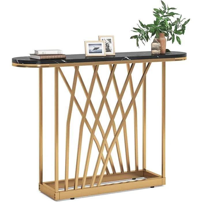 D-End Black Marble Gold Designer Base Console Table - Decor Mantra 