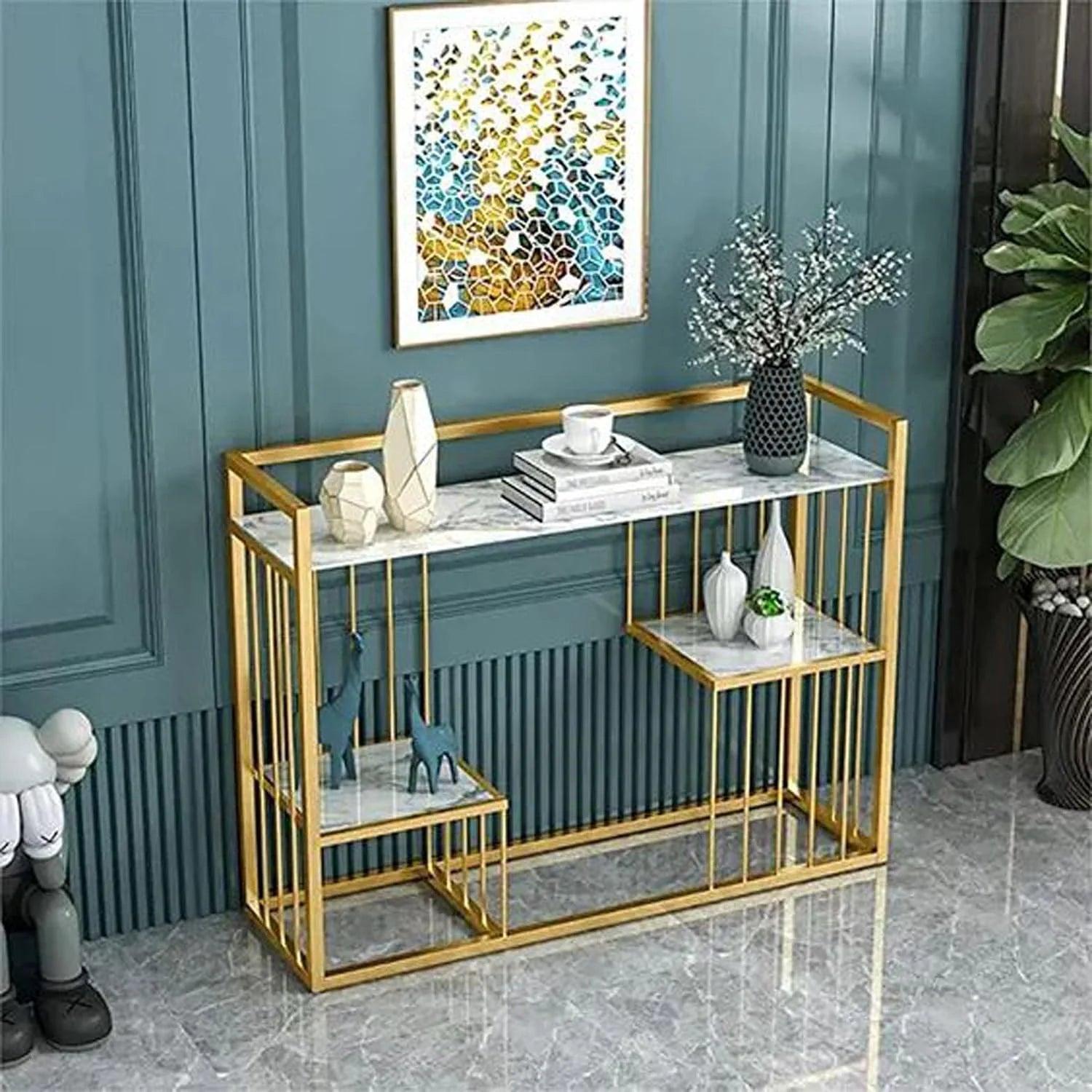 Designer 3-Tier White Faux Marble Golden Console Table - Decor Mantra 