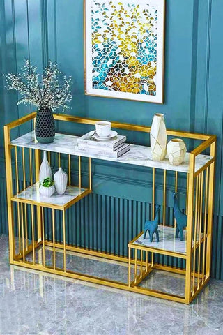 Designer 3-Tier White Faux Marble Golden Console Table - Decor Mantra 