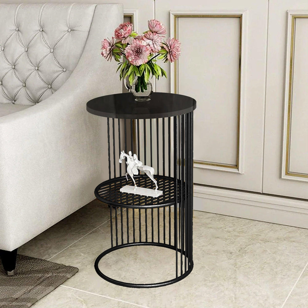 Designer Art Classic Black Finish Half Caged Coffee Round Side Table - Decor Mantra 