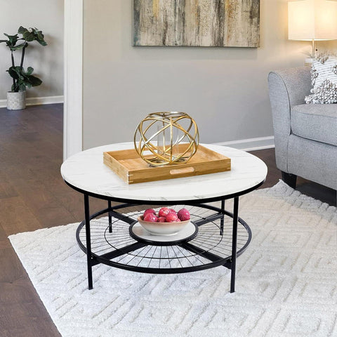 Designer Round Modern Center Table with White Marble Black Metal Finish - Decor Mantra 