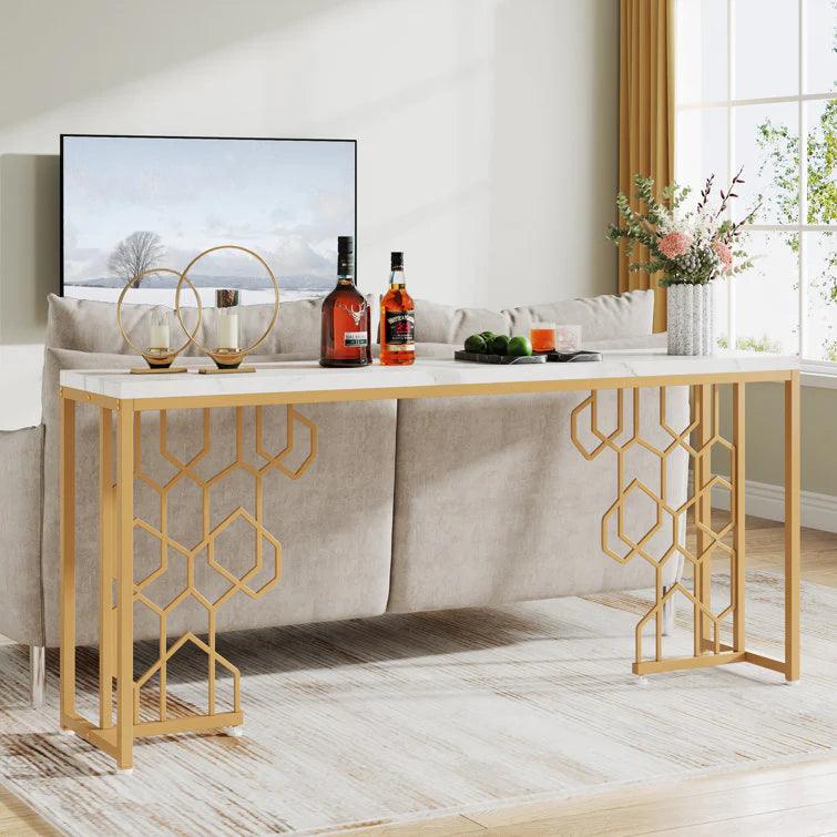 Exquisite Geometric White Faux Marble Robust And Enduring Frame Console Table - Decor Mantra 