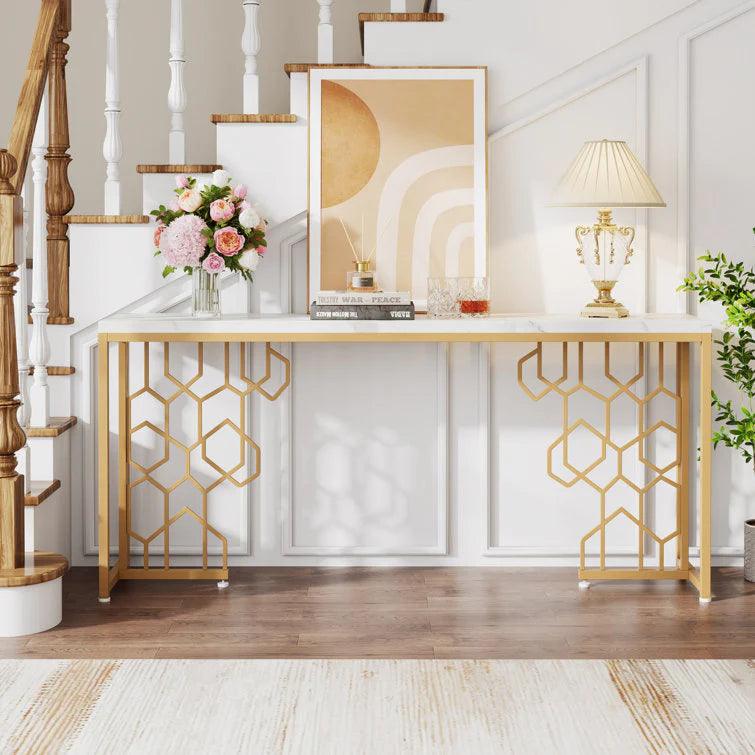 Exquisite Geometric White Faux Marble Robust And Enduring Frame Console Table - Decor Mantra 