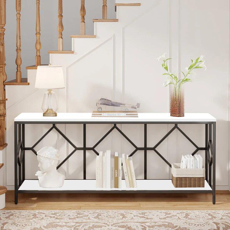 Extra Long White Black Durable Marble 2 Tier Console Table - Decor Mantra 