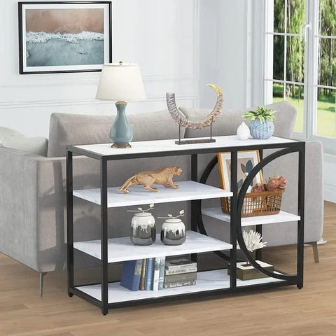 Five-Tier White Marble Black Console Table - Decor Mantra 