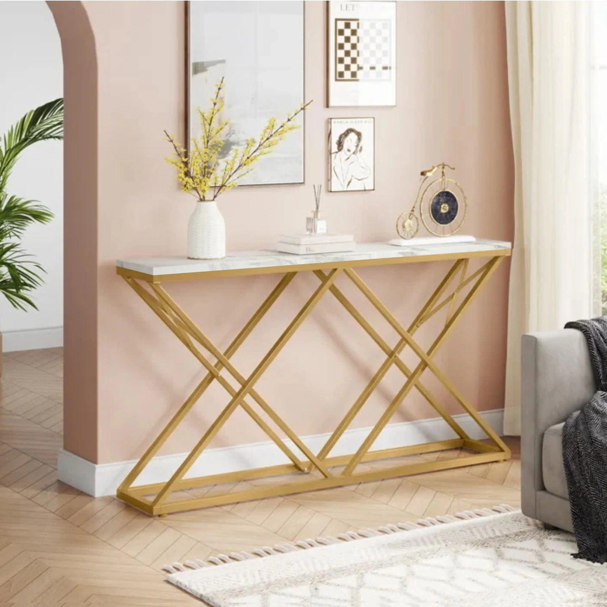 Golden Criss Cross Pattern Rectangular Shaped Designer Console Table - Decor Mantra 