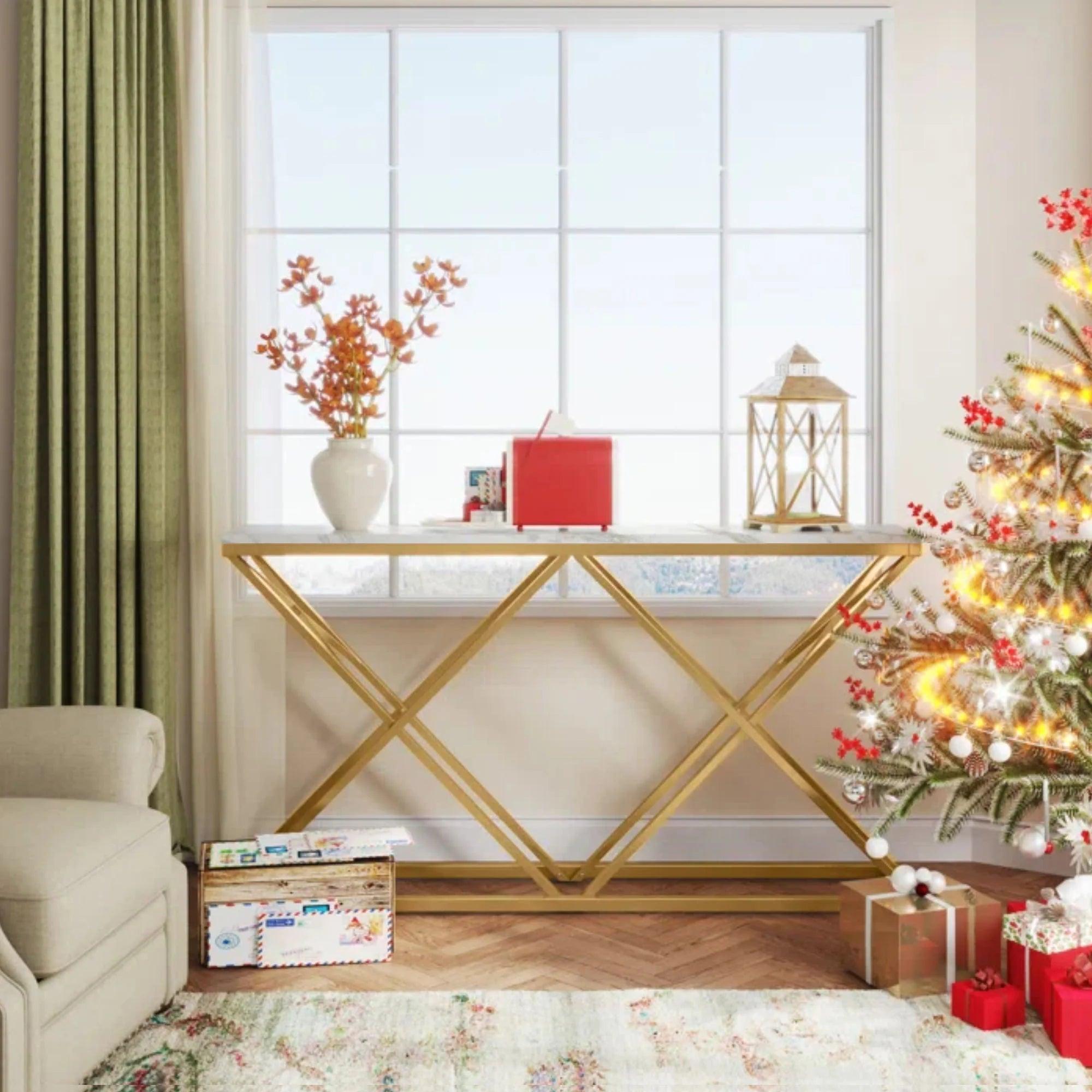 Golden Criss Cross Pattern Rectangular Shaped Designer Console Table - Decor Mantra 