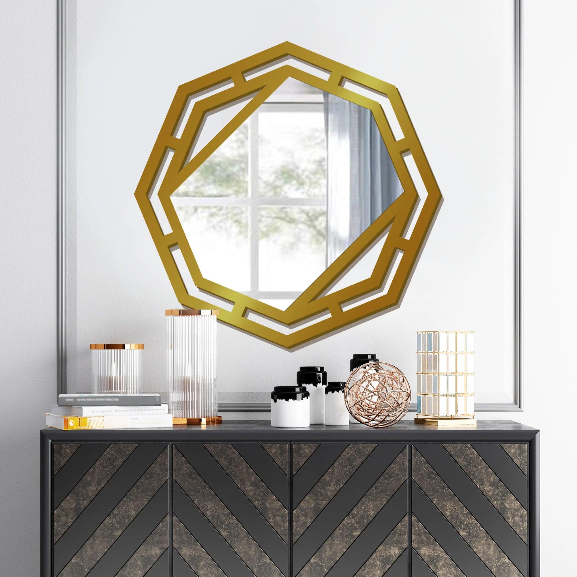 Hexagonal Shape Modern Stylish Decorative Wooden Wall Mirror With Gold Texture - Decor Mantra 
