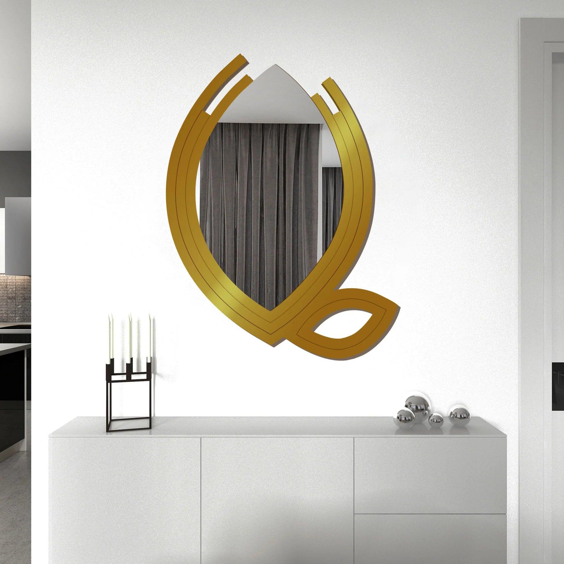 Hidden Eye In The Leaf Design Wood Wall Mirror With Gold Texture - Decor Mantra 