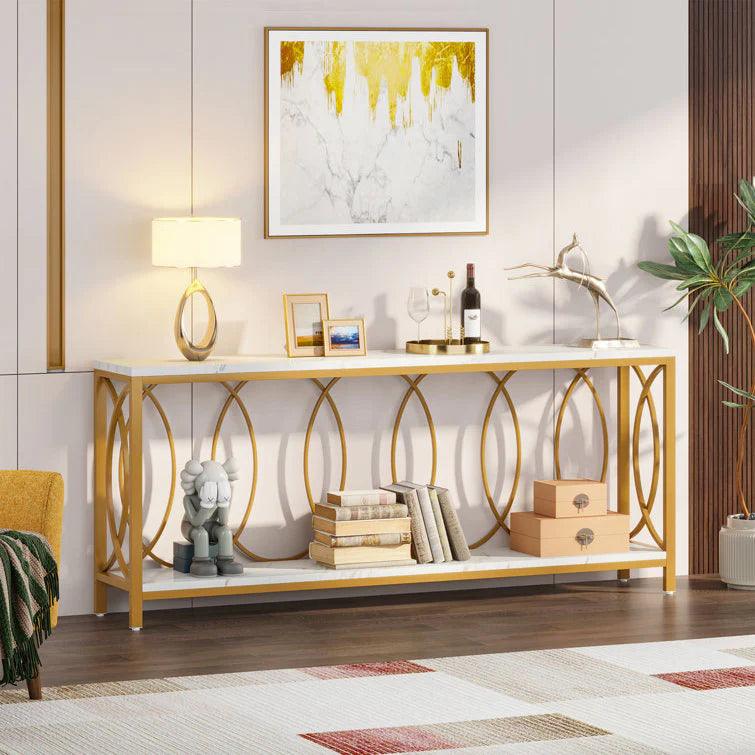 Luxury Style White Faux Marble Two Tier Console Table - Decor Mantra 