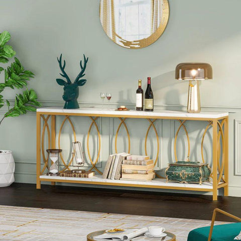 Luxury Style White Faux Marble Two Tier Console Table - Decor Mantra 