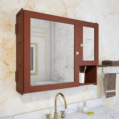 Luxury Stylish Wooden Bathroom Storage Cabinet with Mirrors & 5 Spacious Shelves with Brown Finish - Decor Mantra 