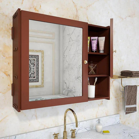 Luxury Stylish Wooden Bathroom Storage Cabinet with Mirrors & 5 Spacious Shelves with Brown Finish - Decor Mantra 