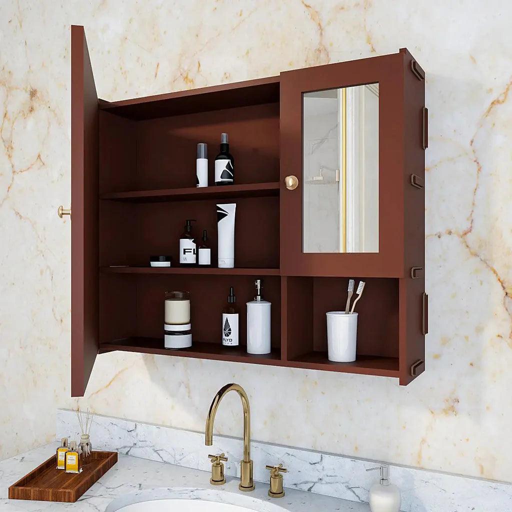 Luxury Stylish Wooden Bathroom Storage Cabinet with Mirrors & 5 Spacious Shelves with Brown Finish - Decor Mantra 