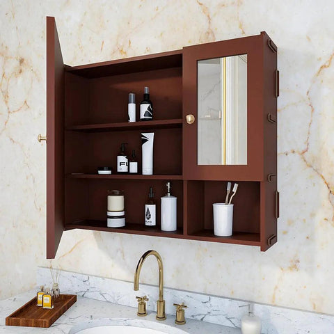 Luxury Stylish Wooden Bathroom Storage Cabinet with Mirrors & 5 Spacious Shelves with Brown Finish - Decor Mantra 