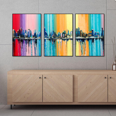 City Skyline Floating Canvas Wall Painting Set of Three - Decor Mantra 
