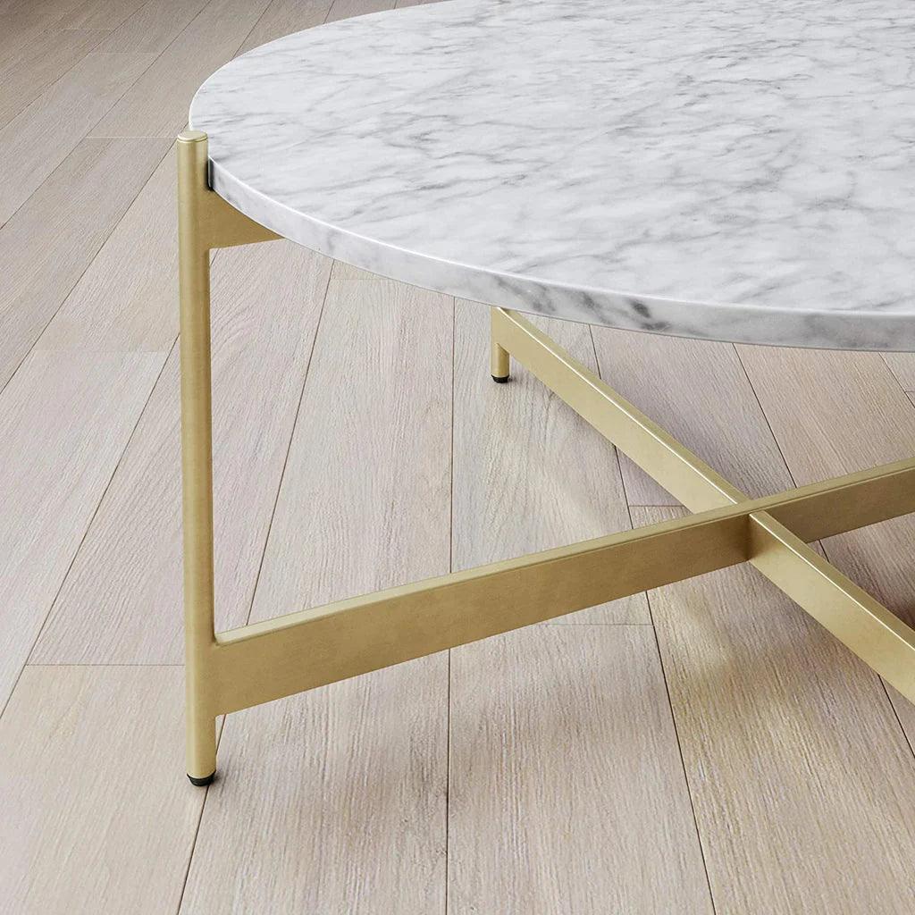 Minimalist Metal Center Table in Criss Cross Matte Finish Gold Base - Decor Mantra 