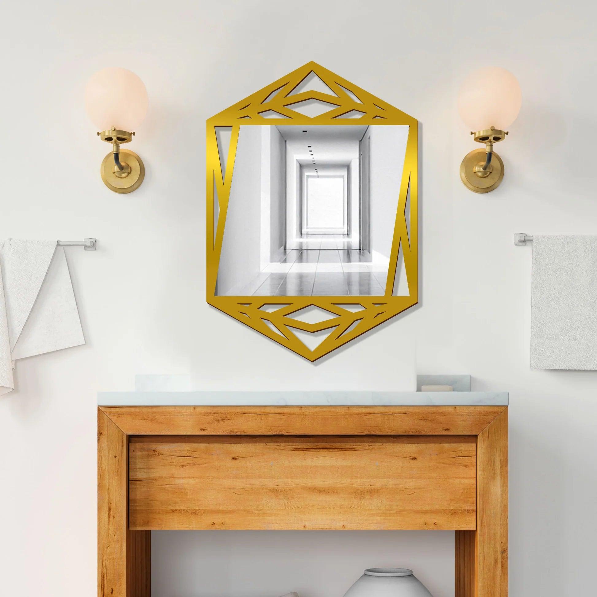 Minimalistic Geometrical Shape Wooden Golden Finish Wooden Vanity Mirror - Decor Mantra 