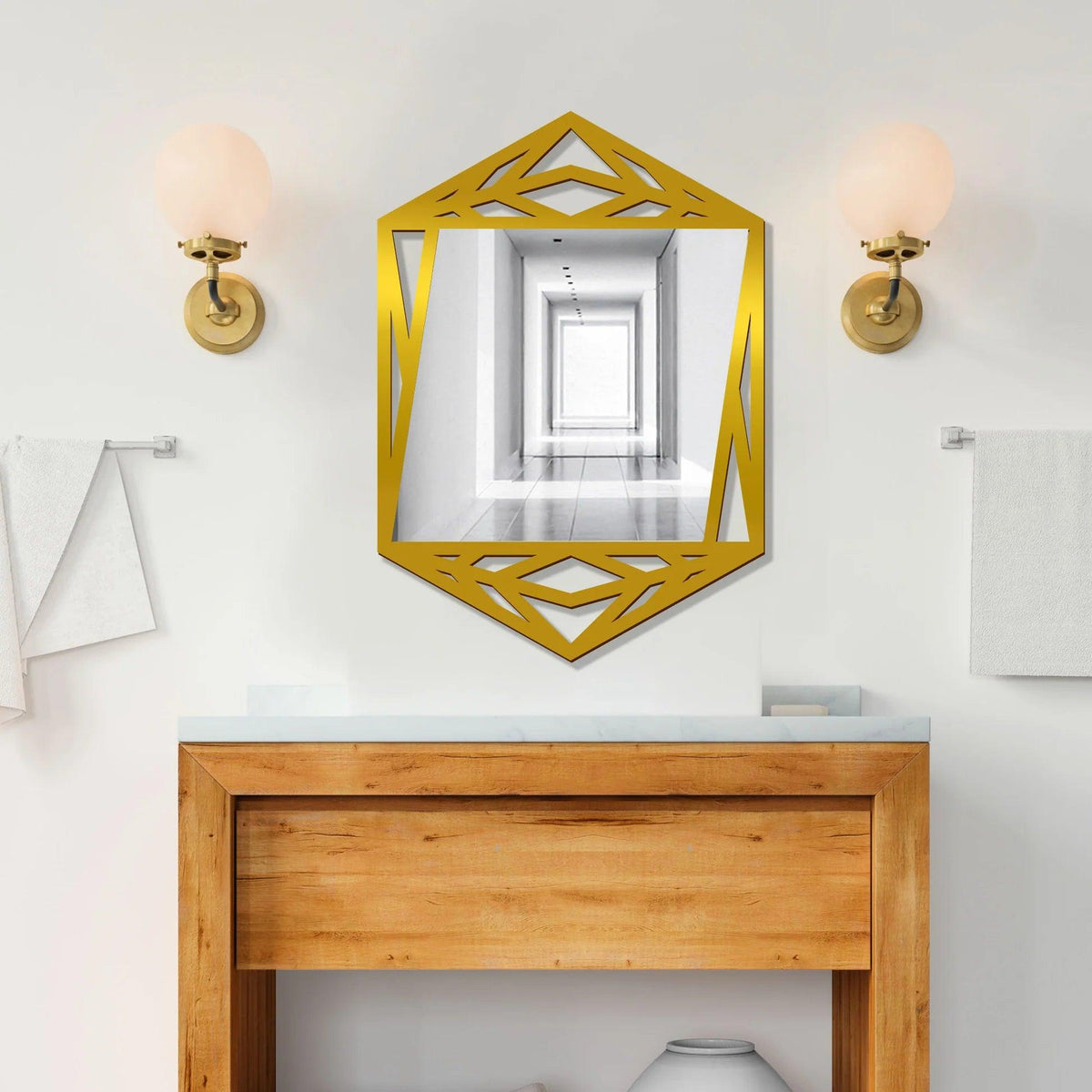 Minimalistic Geometrical Shape Wooden Golden Finish Wooden Vanity Mirror - Decor Mantra 