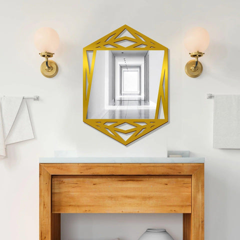Minimalistic Geometrical Shape Wooden Golden Finish Wooden Vanity Mirror - Decor Mantra 