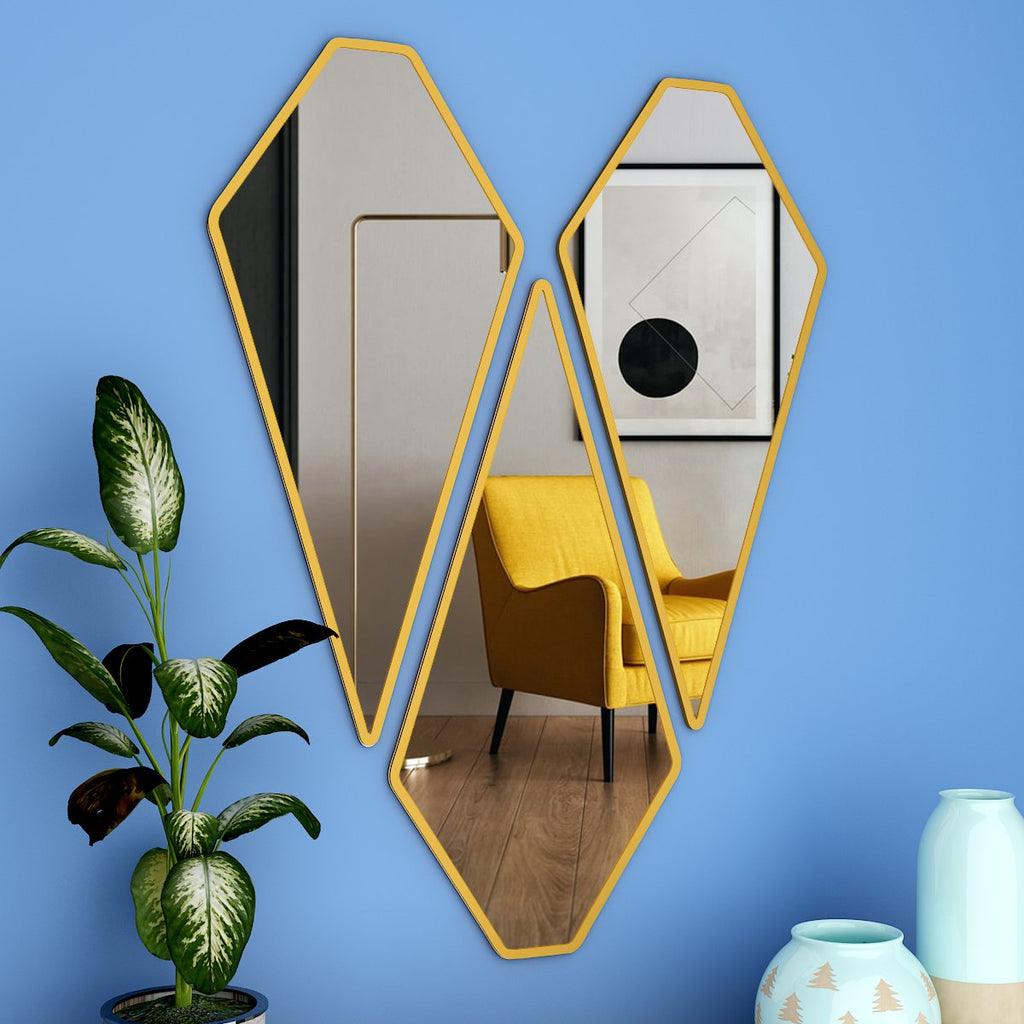Modern Diamond Shape Vanity Mirrors Set of 3 with Golden Finish Frame - Decor Mantra 
