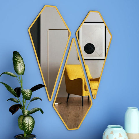 Modern Diamond Shape Vanity Mirrors Set of 3 with Golden Finish Frame - Decor Mantra 