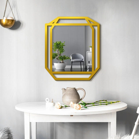 Modern Geometrical Rectangular Shape Golden Finish Wooden Vanity Mirror - Decor Mantra 