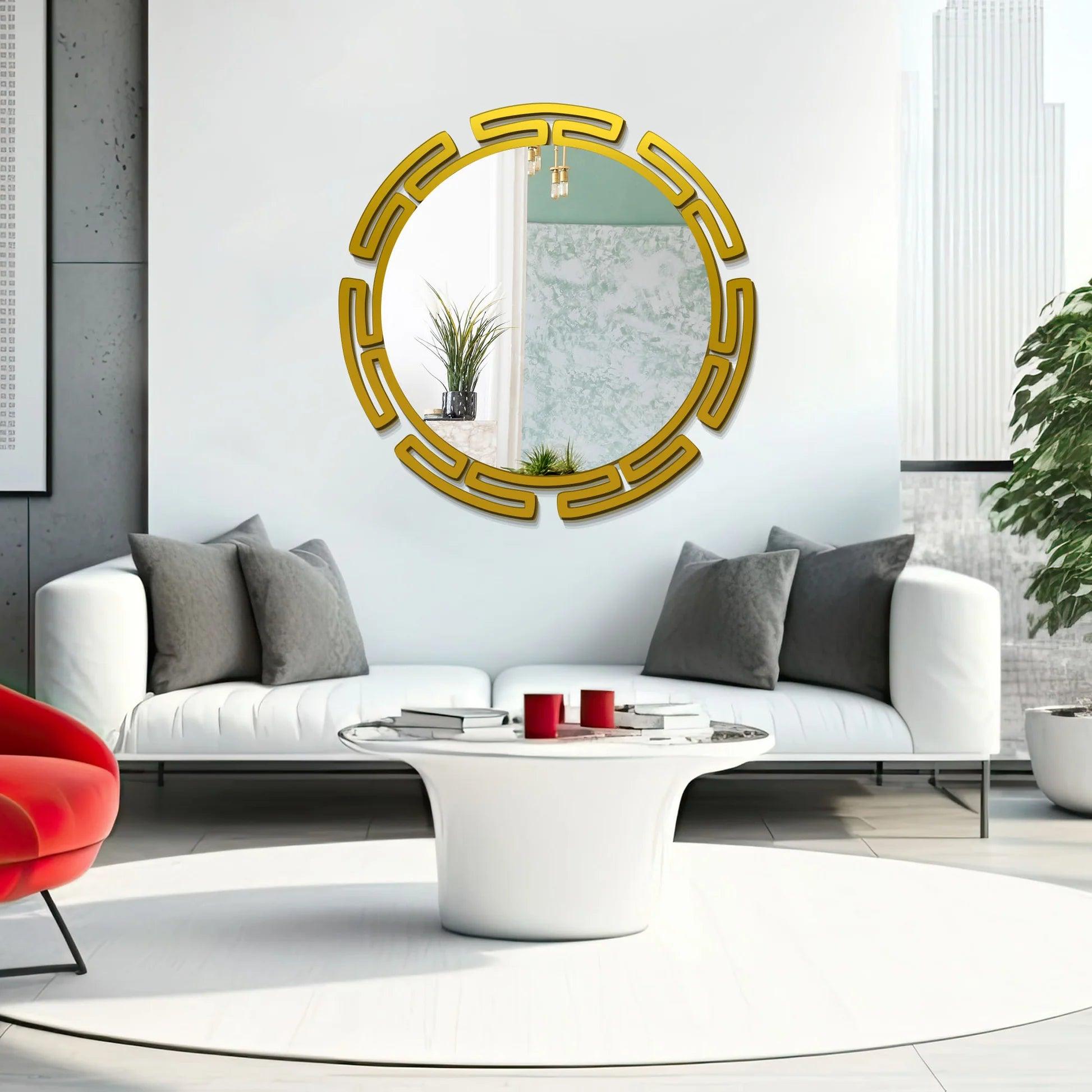 Modern Round Shape Designer Wooden Wall Mirror With Gold Texture - Decor Mantra 
