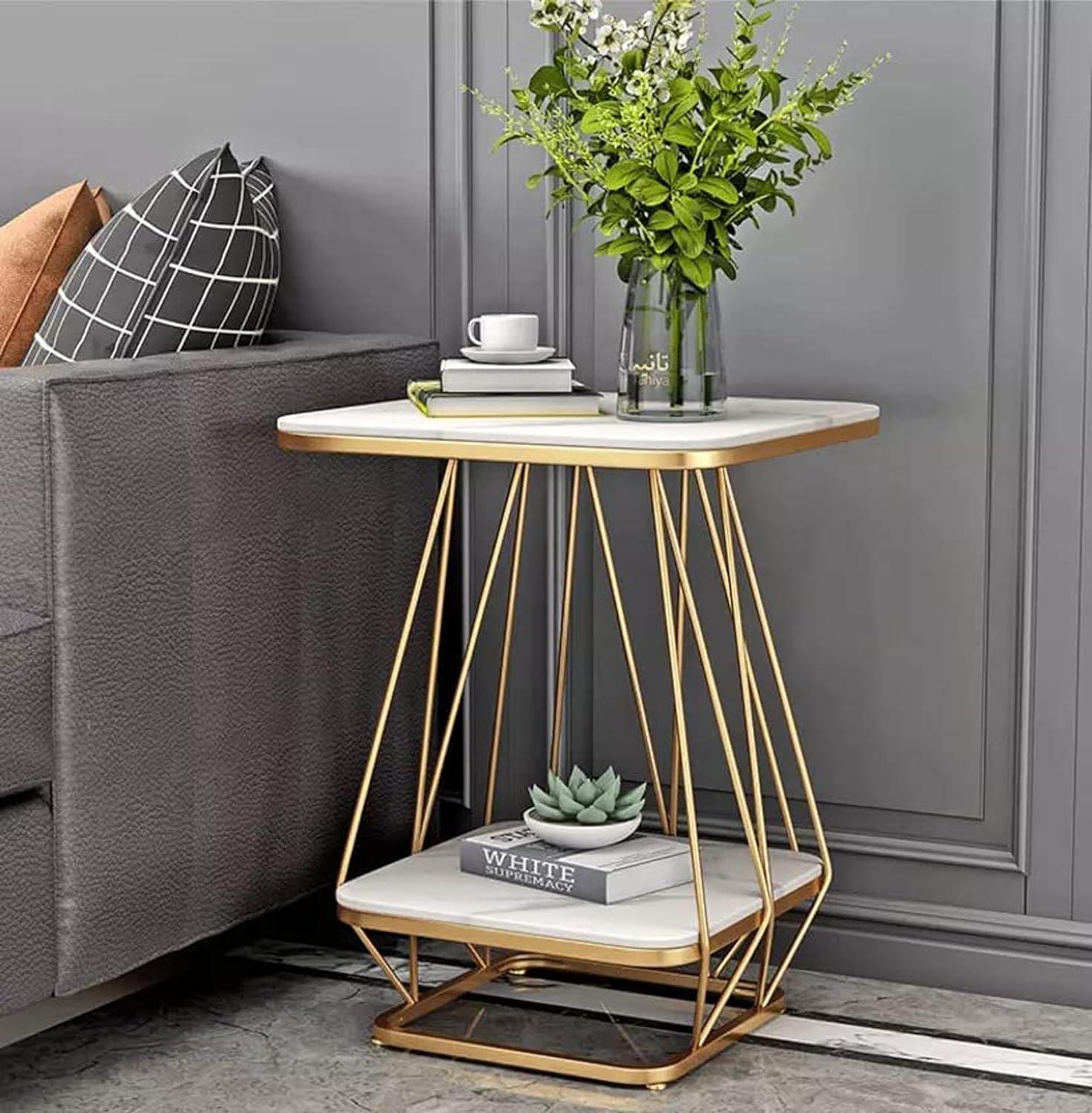 Modern Square Shaped Creative Artistic Golden Metal Finish with White Marble - Decor Mantra 