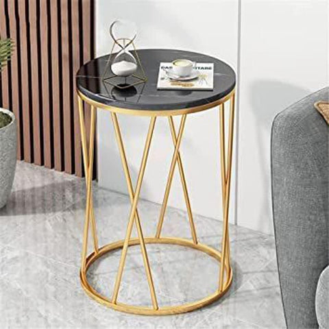 Premium Designer Round Shaped Golden Artistic Side Table with Black Marble - Decor Mantra 
