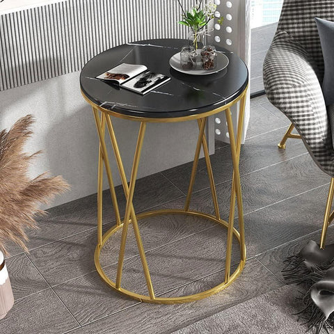 Premium Designer Round Shaped Golden Artistic Side Table with Black Marble - Decor Mantra 