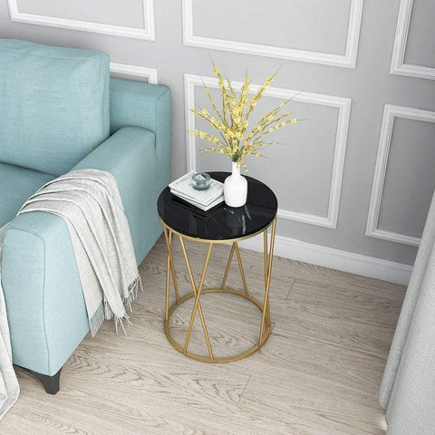 Premium Designer Round Shaped Golden Artistic Side Table with Black Marble - Decor Mantra 