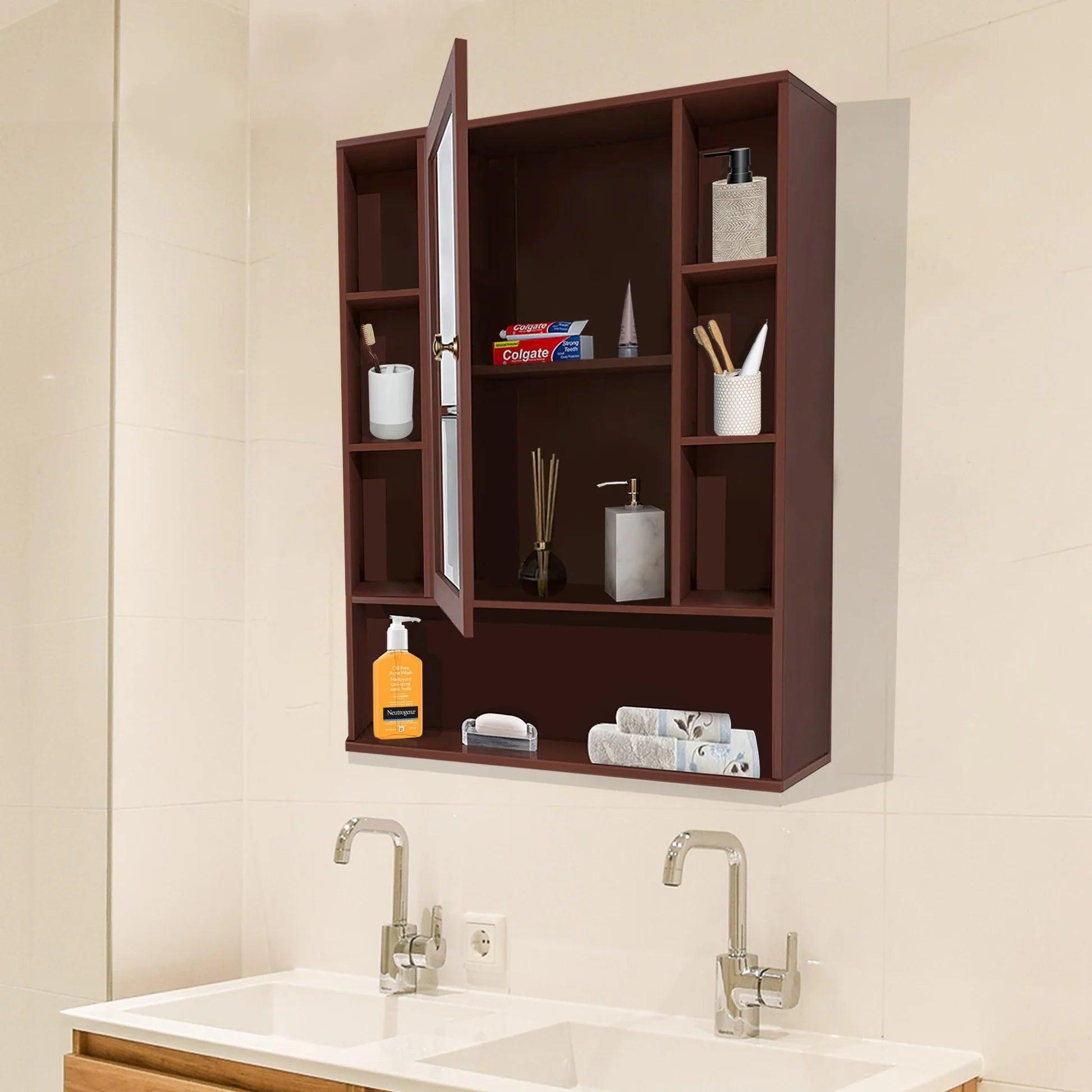 Premium Wooden Brown Bathroom Cabinet with Mirror & 9 Spacious Shelves - Decor Mantra 