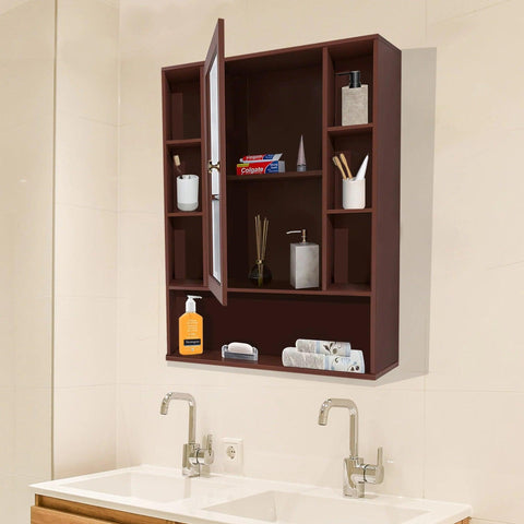 Premium Wooden Brown Bathroom Cabinet with Mirror & 9 Spacious Shelves - Decor Mantra 