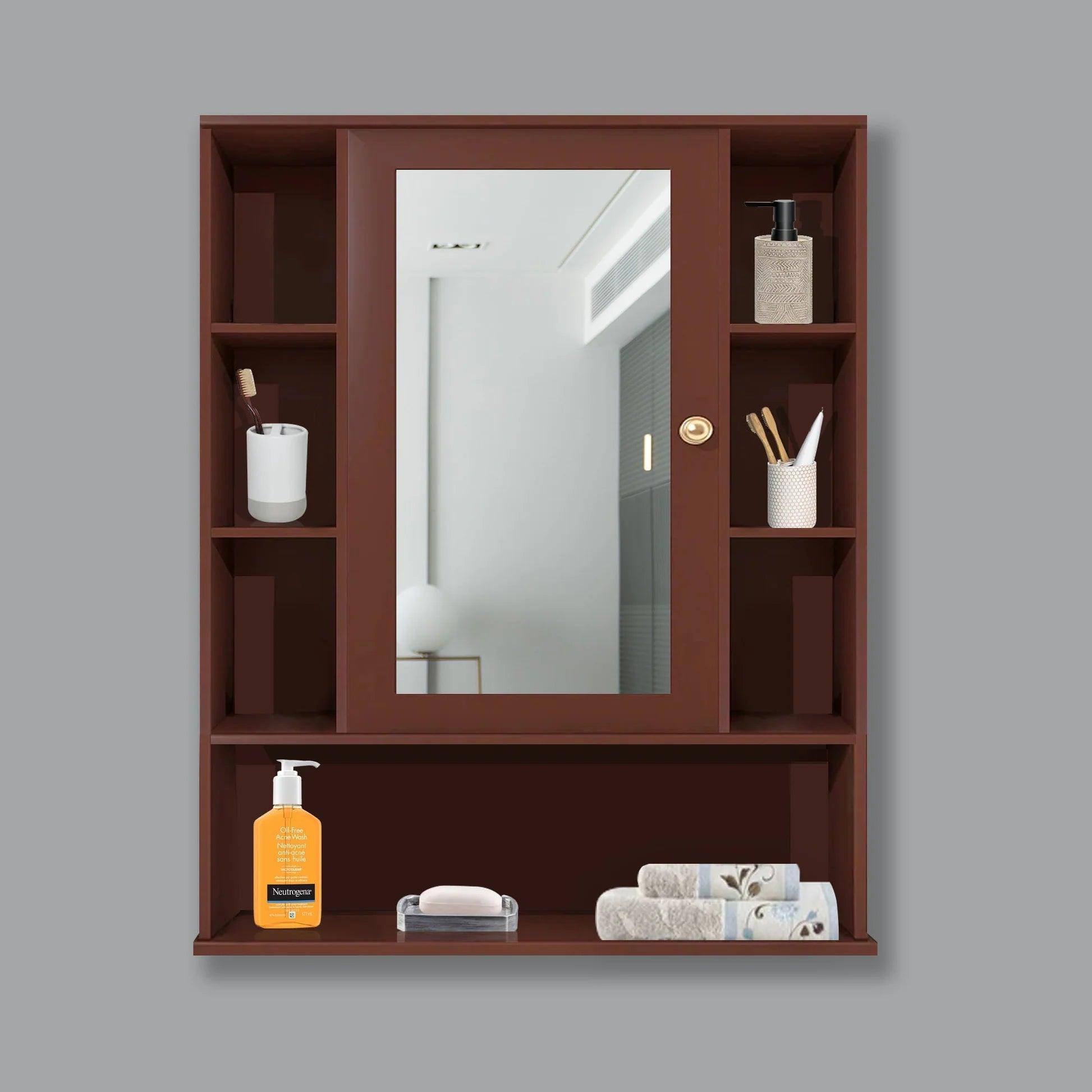 Premium Wooden Brown Bathroom Cabinet with Mirror & 9 Spacious Shelves - Decor Mantra 