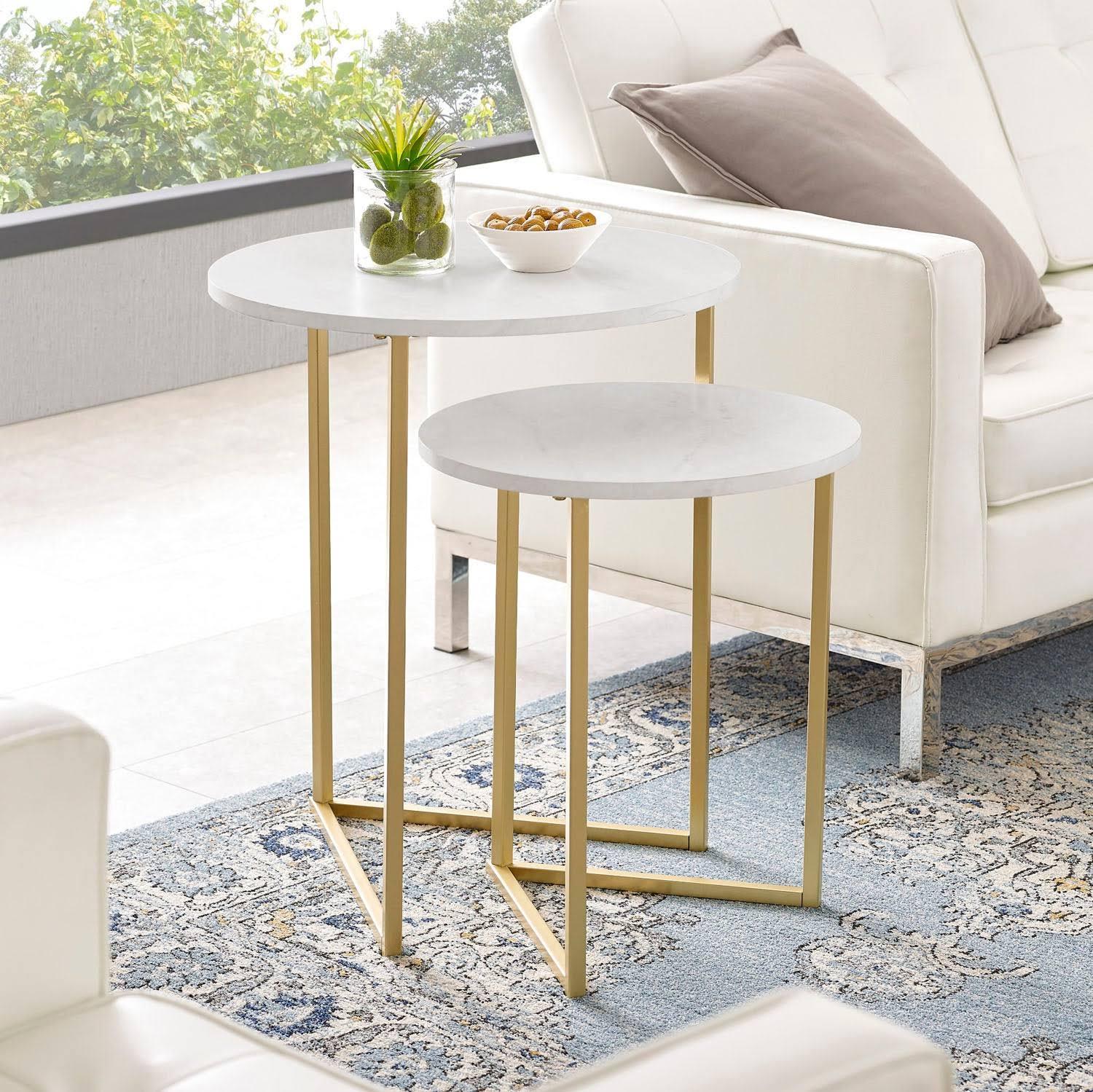 Round Shape Iron Stand Side Marble Table Set of 2 - Decor Mantra 