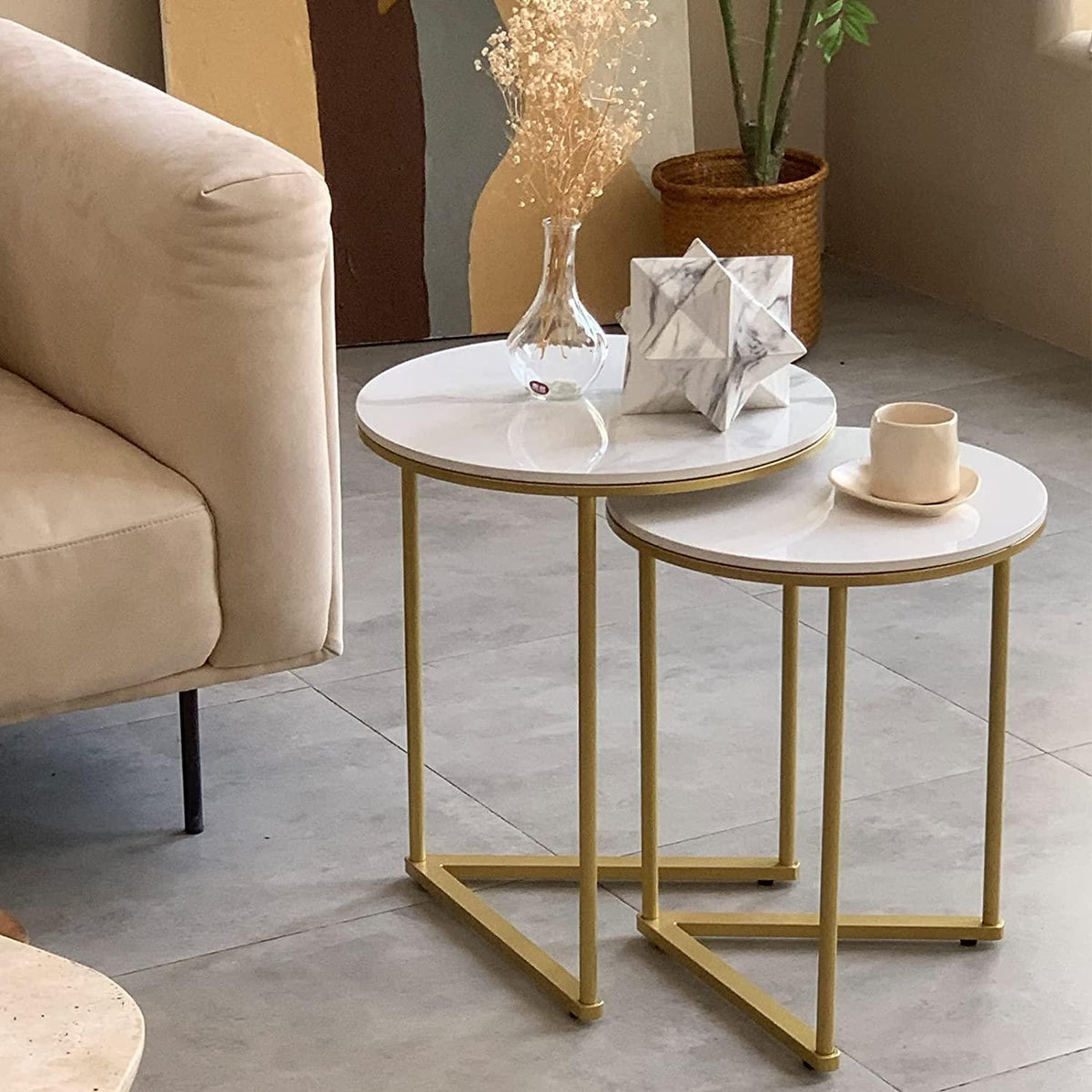 Round Shape Iron Stand Side Marble Table Set of 2 - Decor Mantra 