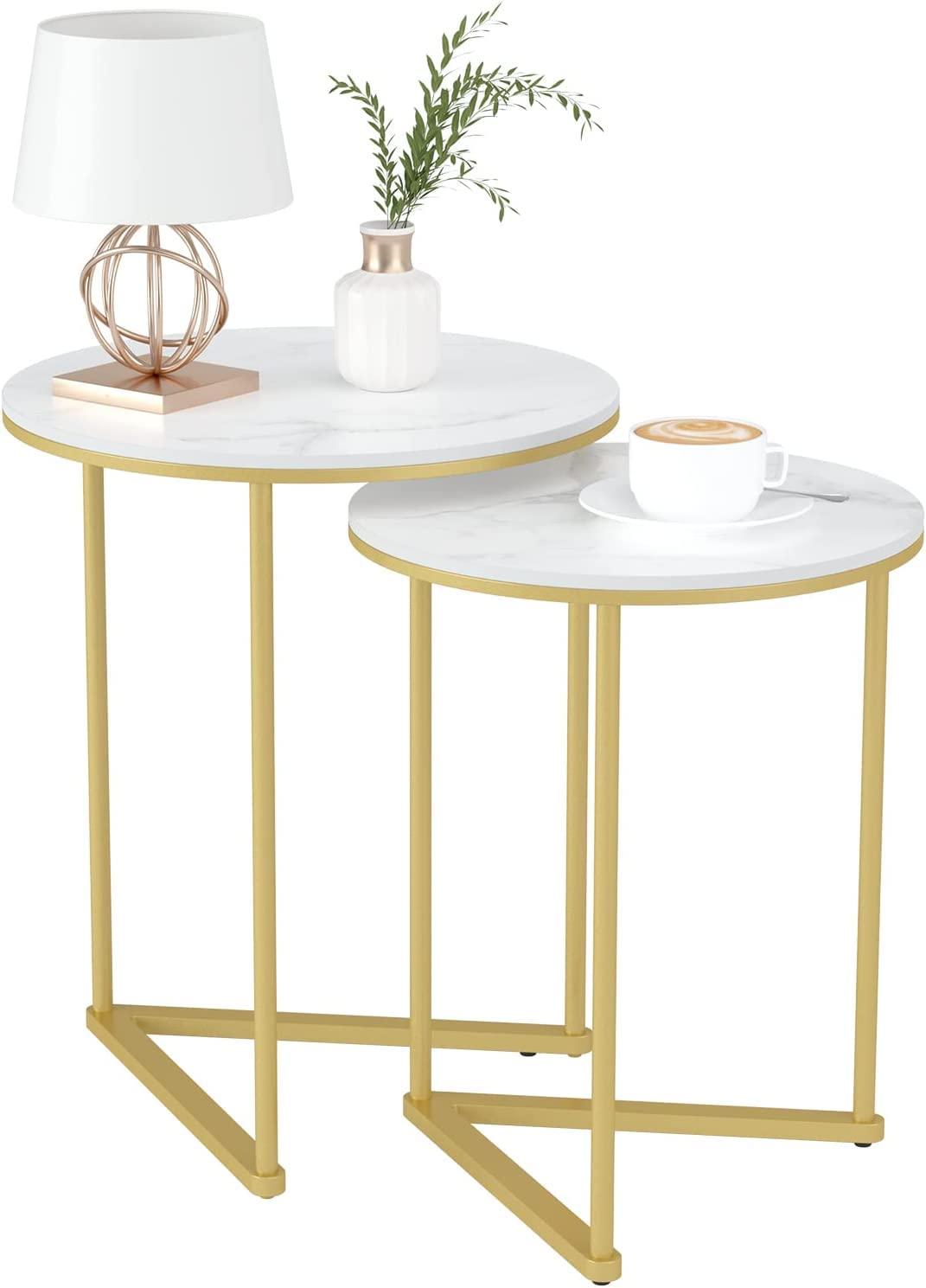 Round Shape Iron Stand Side Marble Table Set of 2 - Decor Mantra 