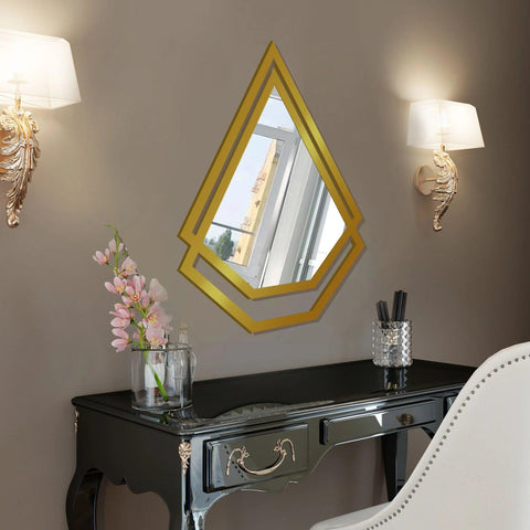 Double Kite Shape Unique Design Wooden Wall Mirror With Gold Texture - Decor Mantra 