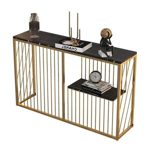 Shelf Sintered Stone Top Black & Gold Console Table - Decor Mantra 