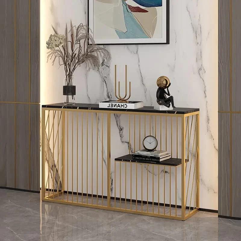 Shelf Sintered Stone Top Black & Gold Console Table - Decor Mantra 